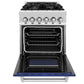 ZLINE 24 in. 2.8 cu. ft. Legacy Dual Fuel Range with 4 Burner Gas Cooktop and Electric Convection Oven in Stainless Steel and Blue Matte Door (RA-BM-24) front, oven open.