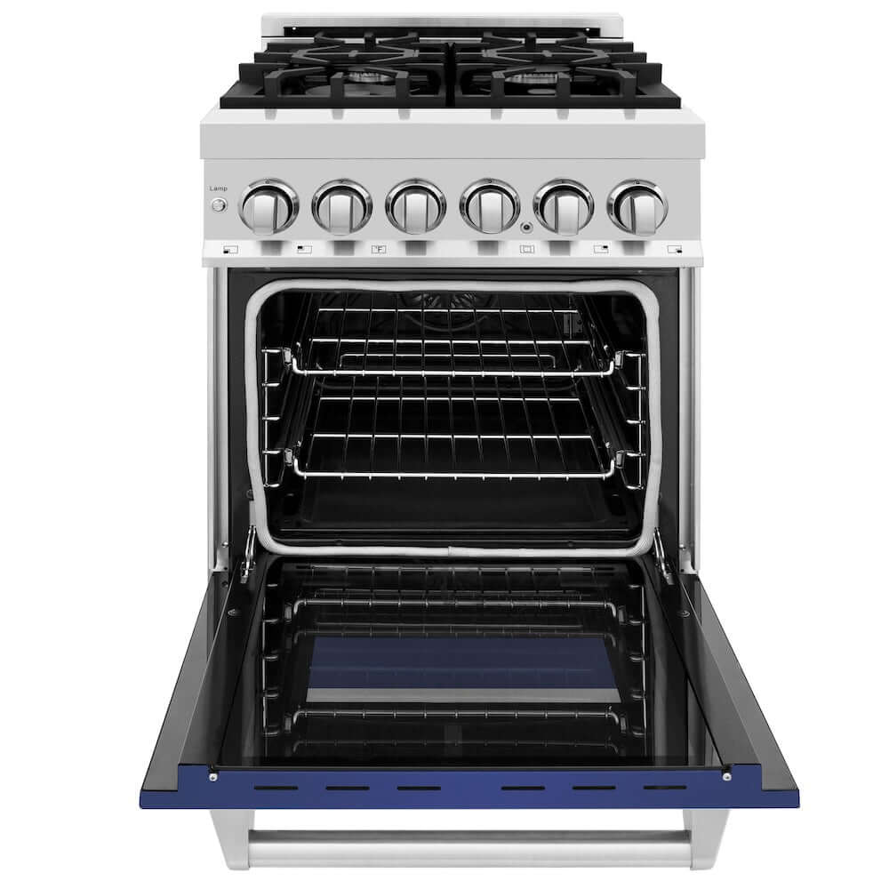 ZLINE 24 in. 2.8 cu. ft. Legacy Dual Fuel Range with 4 Burner Gas Cooktop and Electric Convection Oven in Stainless Steel and Blue Matte Door (RA-BM-24) front, oven open.