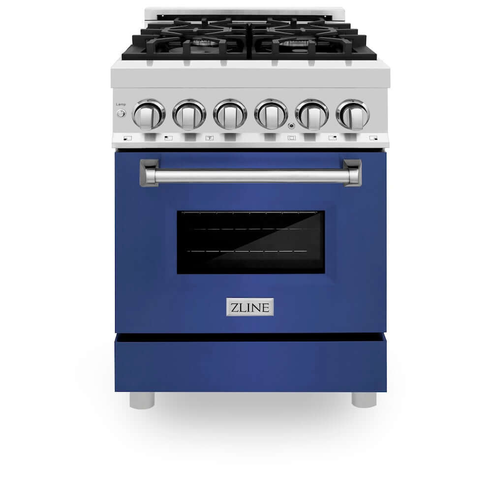 ZLINE 24 in. 2.8 cu. ft. Dual Fuel Range with Gas Stove and Electric Oven in Stainless Steel and Blue Matte Door (RA-BM-24) front, oven closed.
