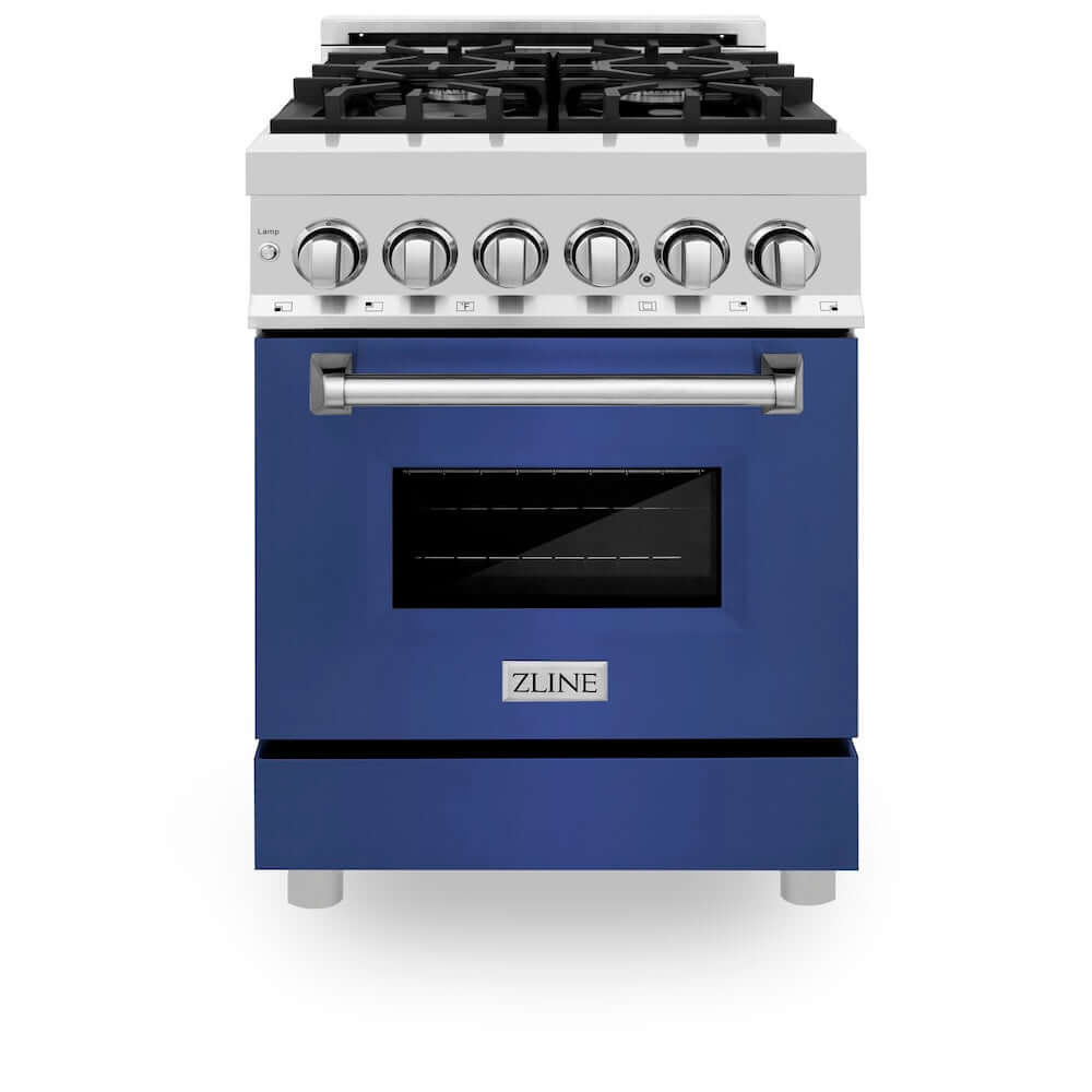 ZLINE 24 in. 2.8 cu. ft. Legacy Dual Fuel Range with 4 Burner Gas Cooktop and Electric Convection Oven in Stainless Steel and Blue Matte Door (RA-BM-24) front, oven closed.