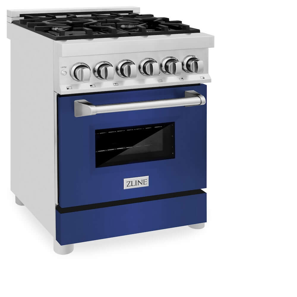 ZLINE 24 in. 2.8 cu. ft. Legacy Dual Fuel Range with 4 Burner Gas Cooktop and Electric Convection Oven in Stainless Steel and Blue Matte Door (RA-BM-24) side, oven closed.