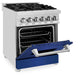 ZLINE 24 in. 2.8 cu. ft. Legacy Dual Fuel Range with 4 Burner Gas Cooktop and Electric Convection Oven in Stainless Steel and Blue Matte Door (RA-BM-24) side, oven half open.