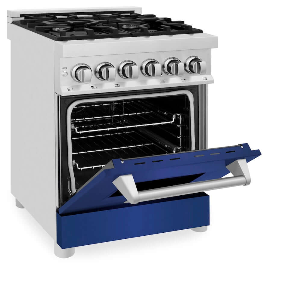ZLINE 24 in. 2.8 cu. ft. Legacy Dual Fuel Range with 4 Burner Gas Cooktop and Electric Convection Oven in Stainless Steel and Blue Matte Door (RA-BM-24) side, oven half open.