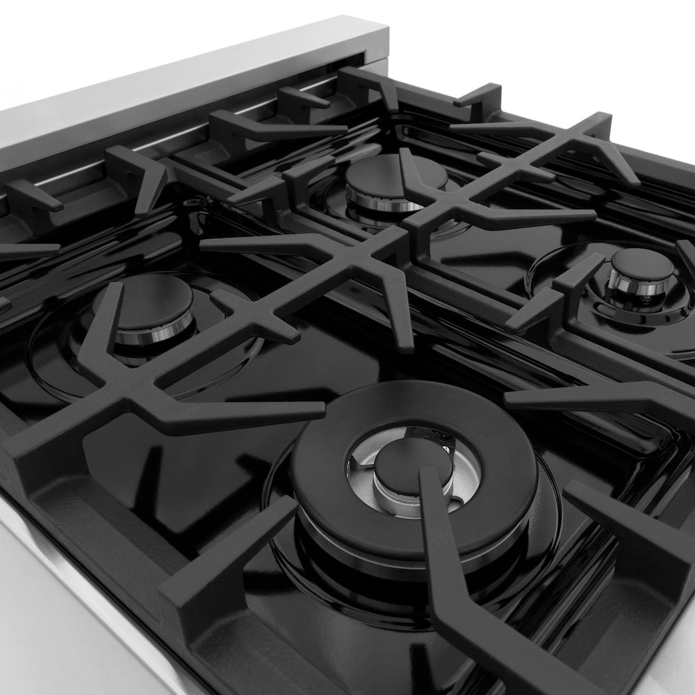 ZLINE 30 in. 4.0 cu. ft. Legacy Dual Fuel Range with 4 Burner Gas Cooktop and Electric Convection Oven in Stainless Steel and Blue Matte Door (RA-BM-30) cooktop detail.