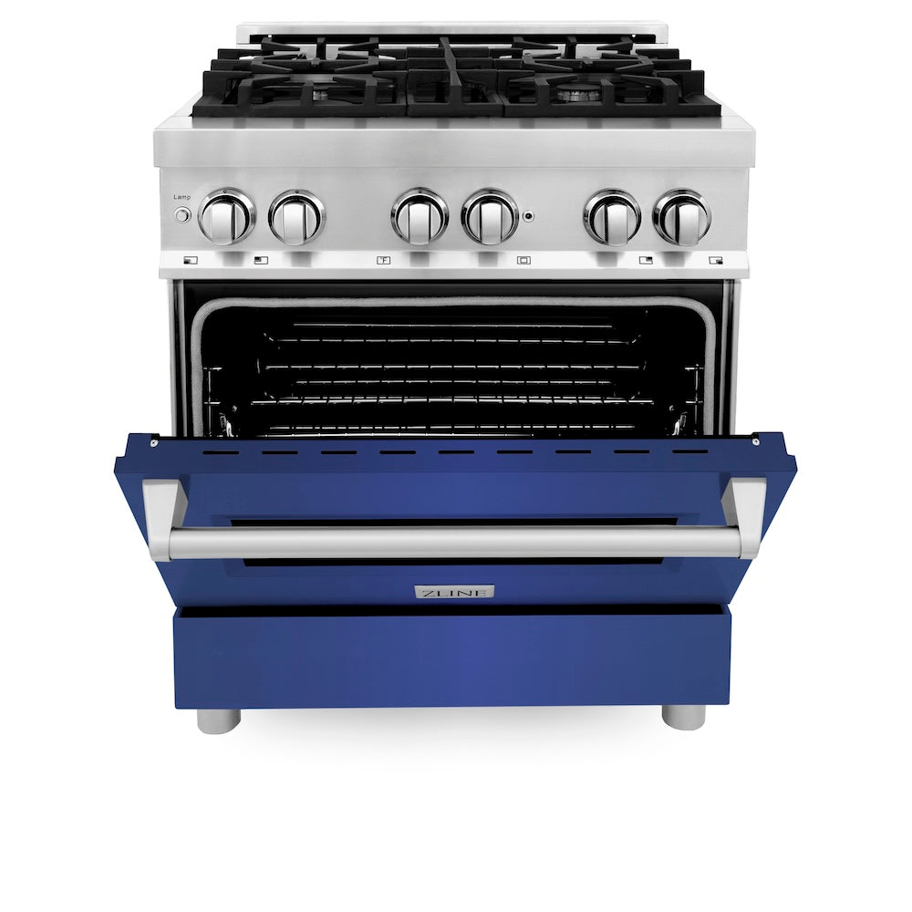 ZLINE 30 in. Kitchen Package with Stainless Steel Dual Fuel Range with Blue Matte Door and Convertible Vent Range Hood (2KP-RABMRH30)