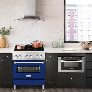 ZLINE 30 in. 4.0 cu. ft. Legacy Dual Fuel Range with 4 Burner Gas Cooktop and Electric Convection Oven in Stainless Steel and Blue Matte Door (RA-BM-30) in a luxury kitchen.