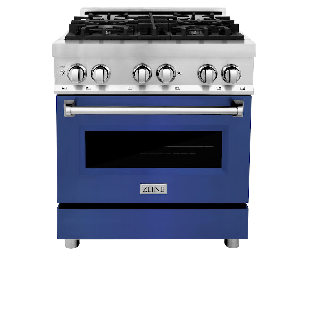 ZLINE 30 in. 4.0 cu. ft. Dual Fuel Range with Gas Stove and Electric Oven in Stainless Steel with Blue Matte Door (RA-BM-30)