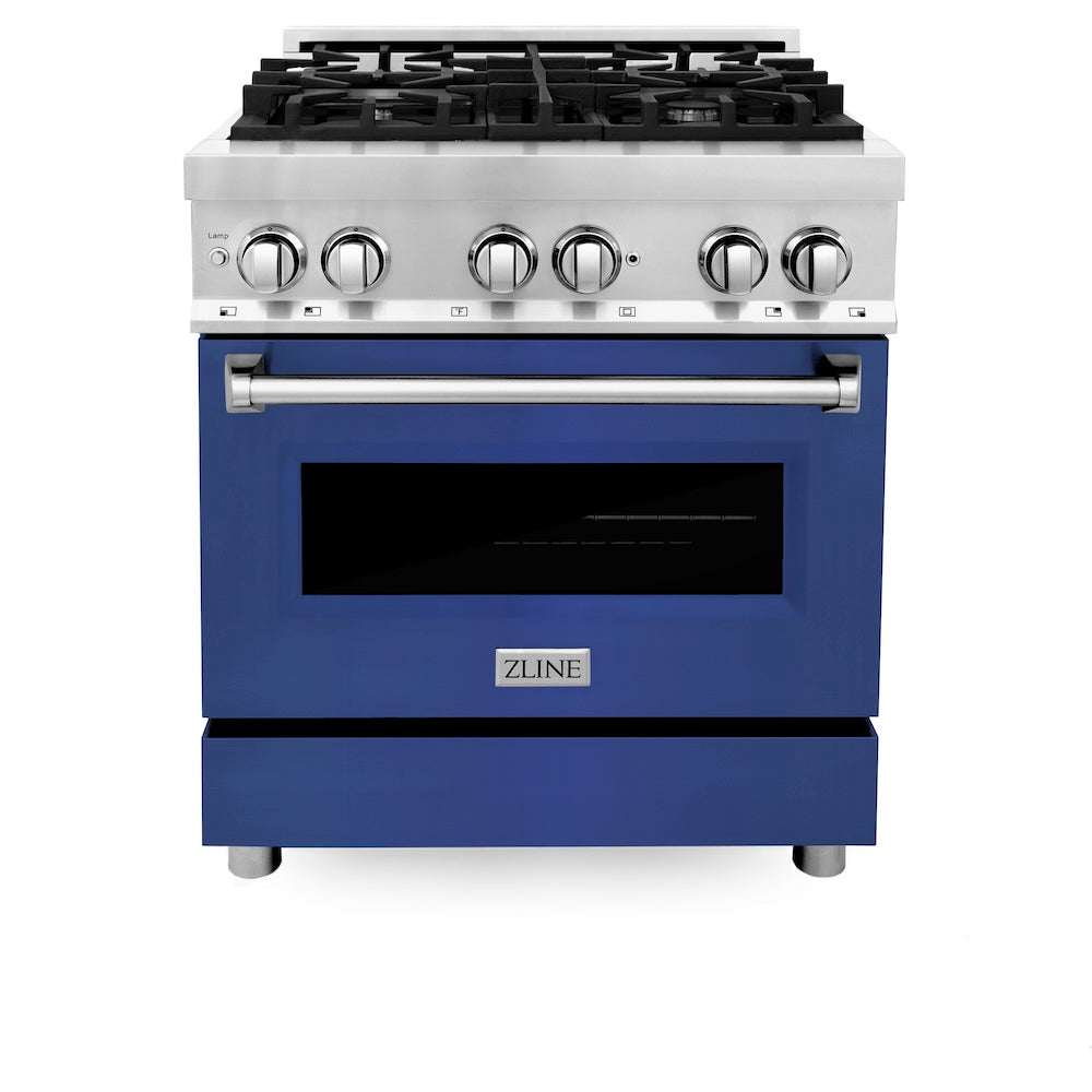 ZLINE 30 in. Kitchen Package with Stainless Steel Dual Fuel Range with Blue Matte Door and Convertible Vent Range Hood (2KP-RABMRH30)