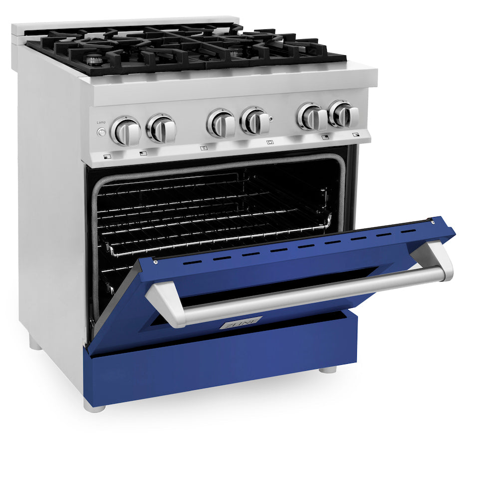 ZLINE 30 in. 4.0 cu. ft. Legacy Dual Fuel Range with 4 Burner Gas Cooktop and Electric Convection Oven in Stainless Steel and Blue Matte Door (RA-BM-30) side, oven half open.