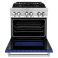 ZLINE 30 in. 4.0 cu. ft. Legacy Dual Fuel Range with 4 Burner Gas Cooktop and Electric Convection Oven in Stainless Steel and Blue Matte Door (RA-BM-30) front, oven open.