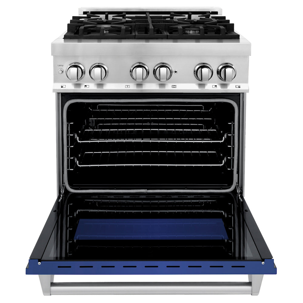 ZLINE 30 in. 4.0 cu. ft. Legacy Dual Fuel Range with 4 Burner Gas Cooktop and Electric Convection Oven in Stainless Steel and Blue Matte Door (RA-BM-30) front, oven open.