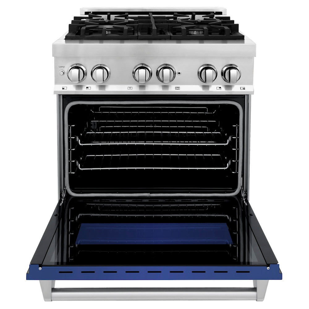 ZLINE 30 in. Kitchen Package with Stainless Steel Dual Fuel Range with Blue Matte Door and Convertible Vent Range Hood (2KP-RABMRH30)