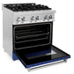 ZLINE 30 in. 4.0 cu. ft. Legacy Dual Fuel Range with 4 Burner Gas Cooktop and Electric Convection Oven in Stainless Steel and Blue Matte Door (RA-BM-30) side, oven open.