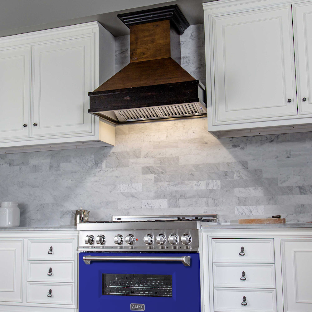 ZLINE 36 in. Dual Fuel Range with Gas Stove and Electric Oven in Stainless Steel with Blue Matte Door (RA-BM-36) 