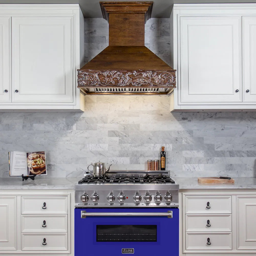 ZLINE 36 in. Dual Fuel Range with Gas Stove and Electric Oven in Stainless Steel with Blue Matte Door (RA-BM-36) 