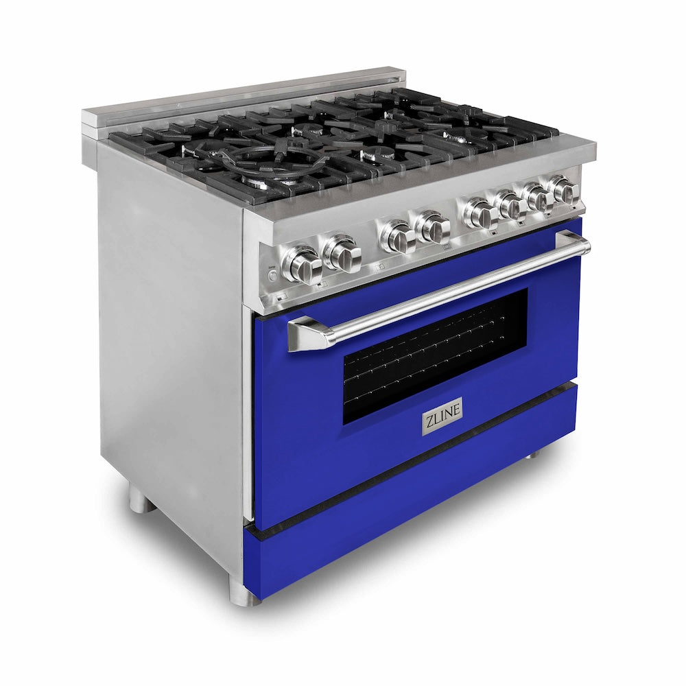 ZLINE 36 in. Kitchen Package with Stainless Steel Dual Fuel Range with Blue Matte Door and Convertible Vent Range Hood (2KP-RABMRH36)