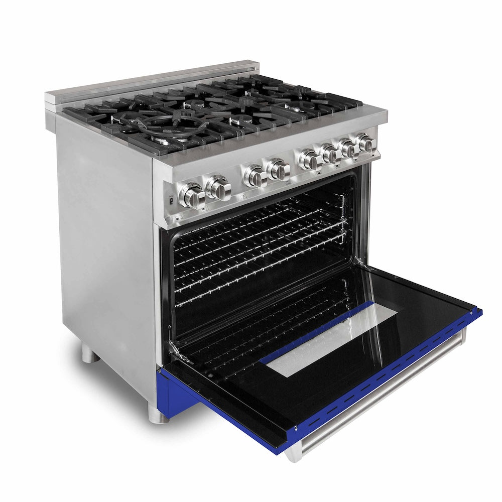 ZLINE 36 in. Kitchen Package with Stainless Steel Dual Fuel Range with Blue Matte Door and Convertible Vent Range Hood (2KP-RABMRH36)