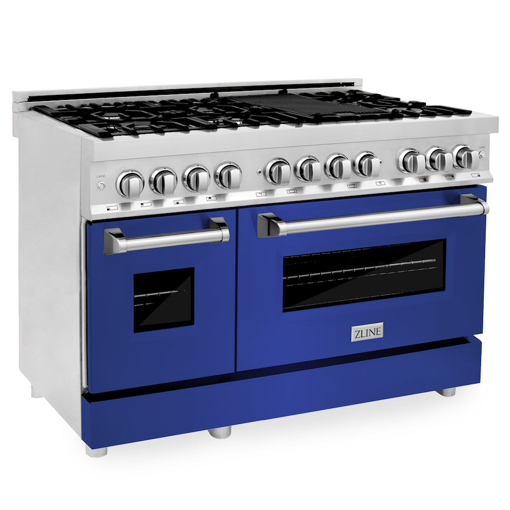 ZLINE 48 in. 6.0 cu. ft. Legacy Dual Fuel Range with 7 Burner Gas Cooktop and 2 Electric Ovens in Stainless Steel and Blue Matte Doors (RA-BM-48) main image.
