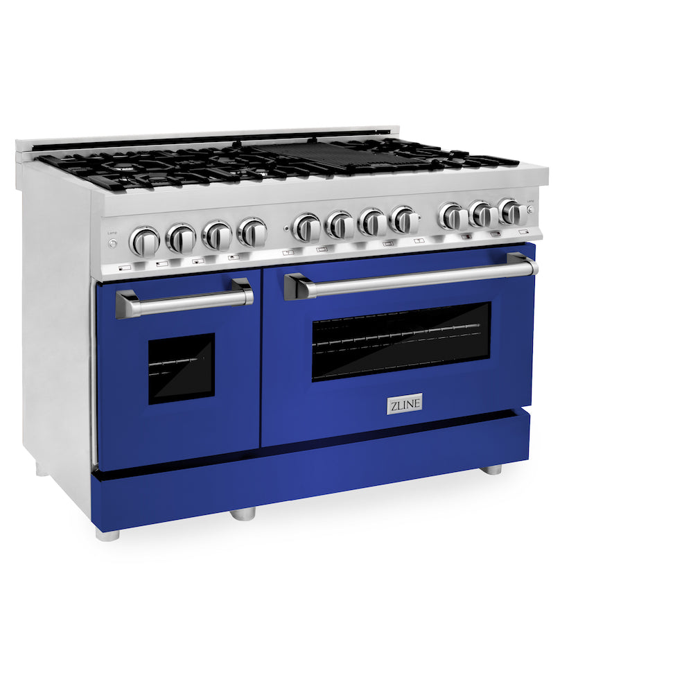 ZLINE 48 in. 6.0 cu. ft. Legacy Dual Fuel Range with 7 Burner Gas Cooktop and 2 Electric Ovens in Stainless Steel and Blue Matte Doors (RA-BM-48) side, oven closed.