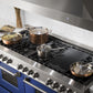 ZLINE 60 in. 7.4 cu. ft. Legacy Dual Fuel Range with 9 Burner Gas Cooktop and 2 Electric Convection Ovens in Stainless Steel and Blue Matte Doors (RA-BM-60) in a luxury kitchen.