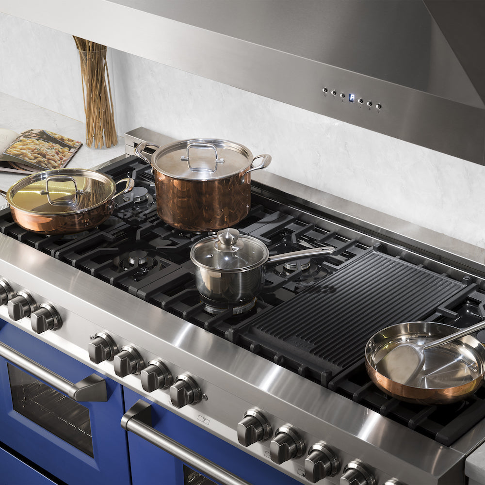 ZLINE 60 in. 7.4 cu. ft. Legacy Dual Fuel Range with 9 Burner Gas Cooktop and 2 Electric Convection Ovens in Stainless Steel and Blue Matte Doors (RA-BM-60) in a luxury kitchen.