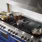 ZLINE 60 in. 7.4 cu. ft. Legacy Dual Fuel Range with 9 Burner Gas Cooktop and 2 Electric Convection Ovens in Stainless Steel and Blue Matte Doors (RA-BM-60) in a luxury kitchen.