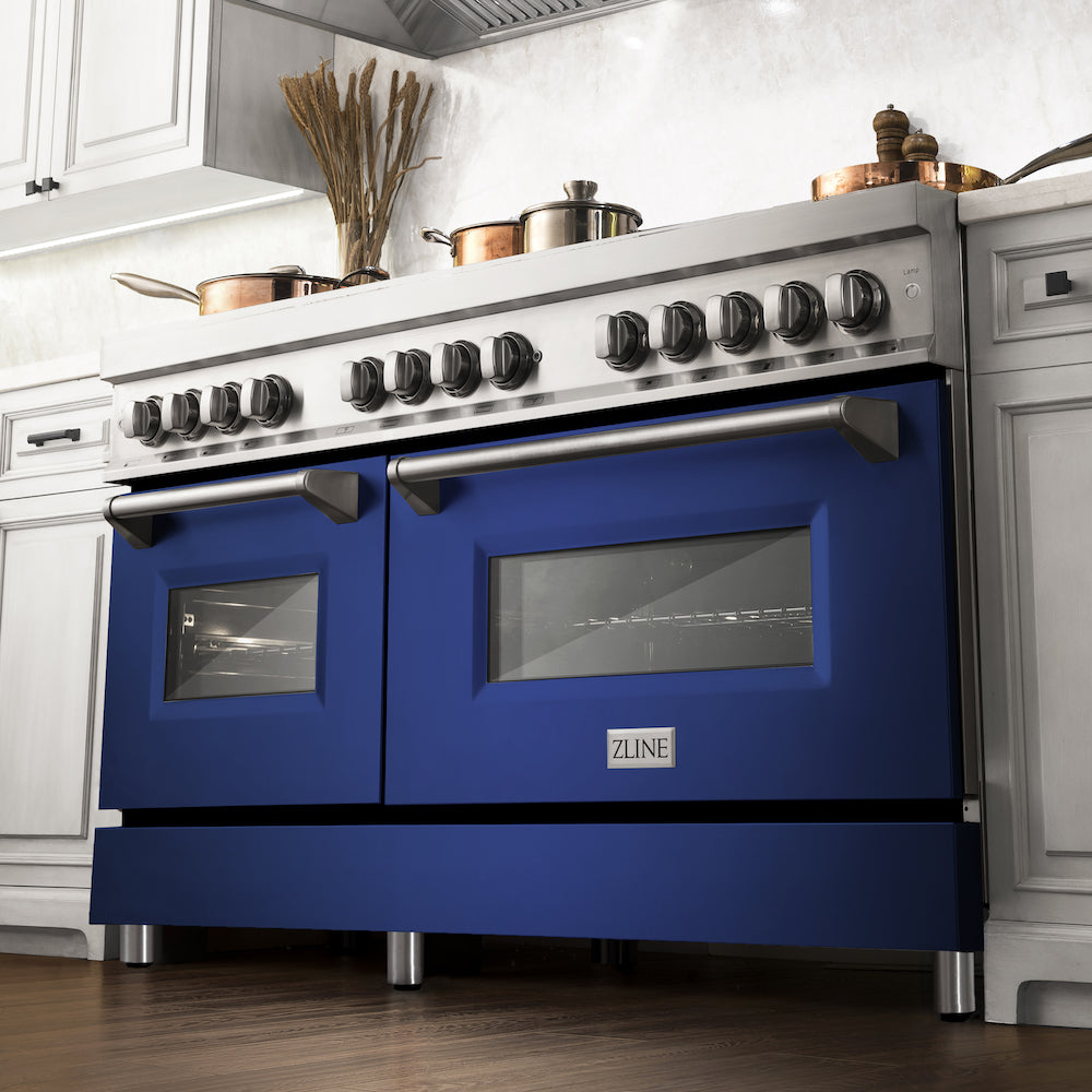 ZLINE 60 in. 7.4 cu. ft. Dual Fuel Range with Gas Stove and Electric Oven in Stainless Steel with Blue Matte Doors (RA-BM-60) from below in a luxury kitchen with cookware on cooktop.