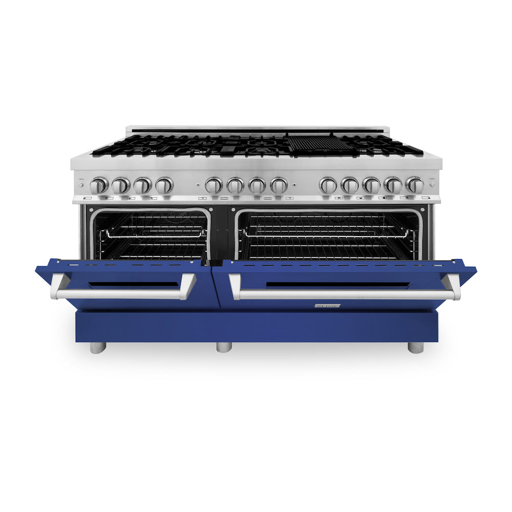 ZLINE 60 in. 7.4 cu. ft. Dual Fuel Range with Gas Stove and Electric Oven in Stainless Steel with Blue Matte Doors (RA-BM-60) front, oven half open.