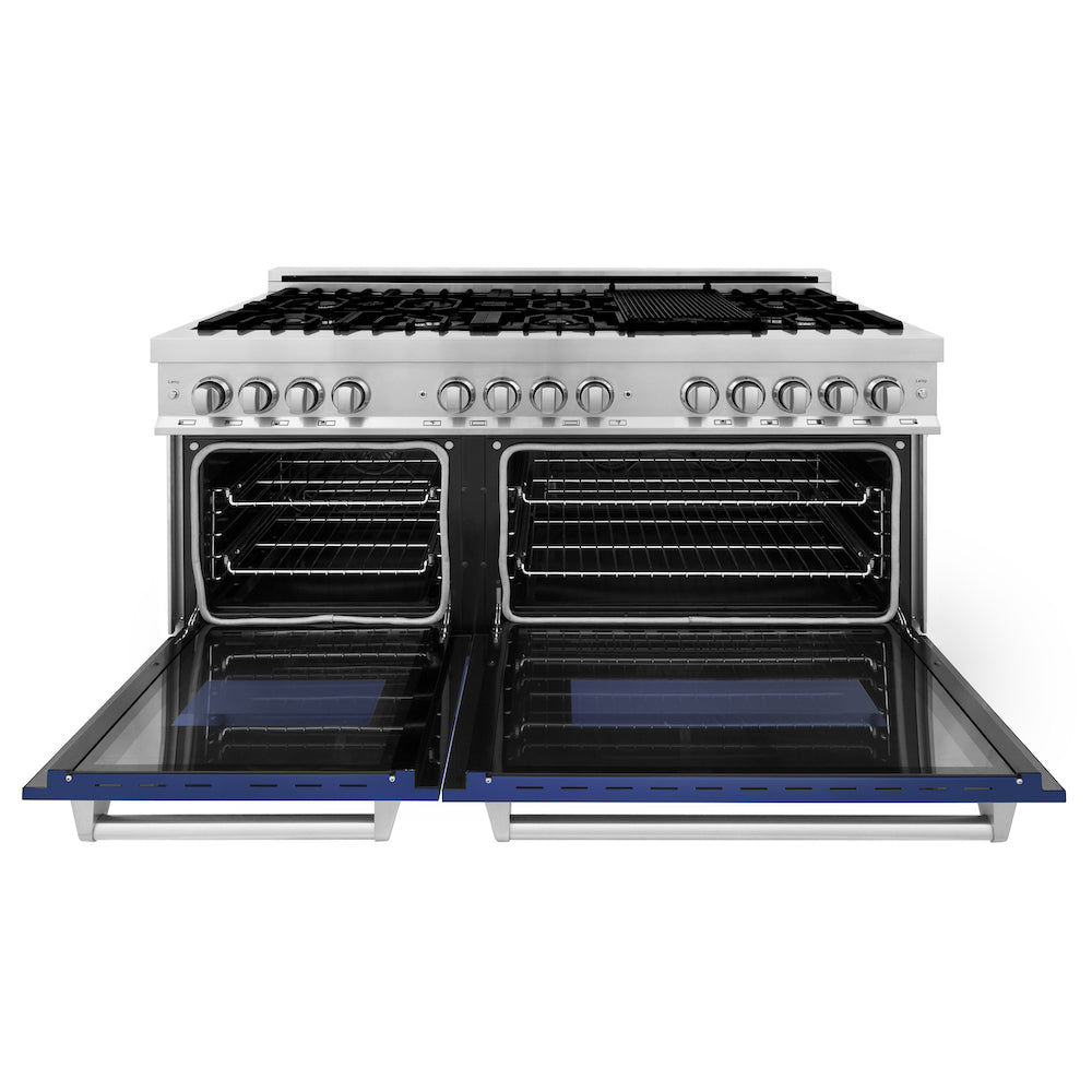 ZLINE 60 in. 7.4 cu. ft. Dual Fuel Range with Gas Stove and Electric Oven in Stainless Steel with Blue Matte Doors (RA-BM-60) front, oven open.