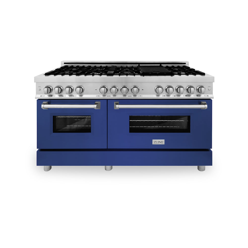 ZLINE 60 in. 7.4 cu. ft. Dual Fuel Range with Gas Stove and Electric Oven in Stainless Steel with Blue Matte Doors (RA-BM-60) front, oven closed.