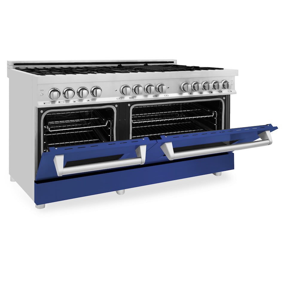 ZLINE 60 in. 7.4 cu. ft. Legacy Dual Fuel Range with 9 Burner Gas Cooktop and 2 Electric Convection Ovens in Stainless Steel and Blue Matte Doors (RA-BM-60) side, oven half open.