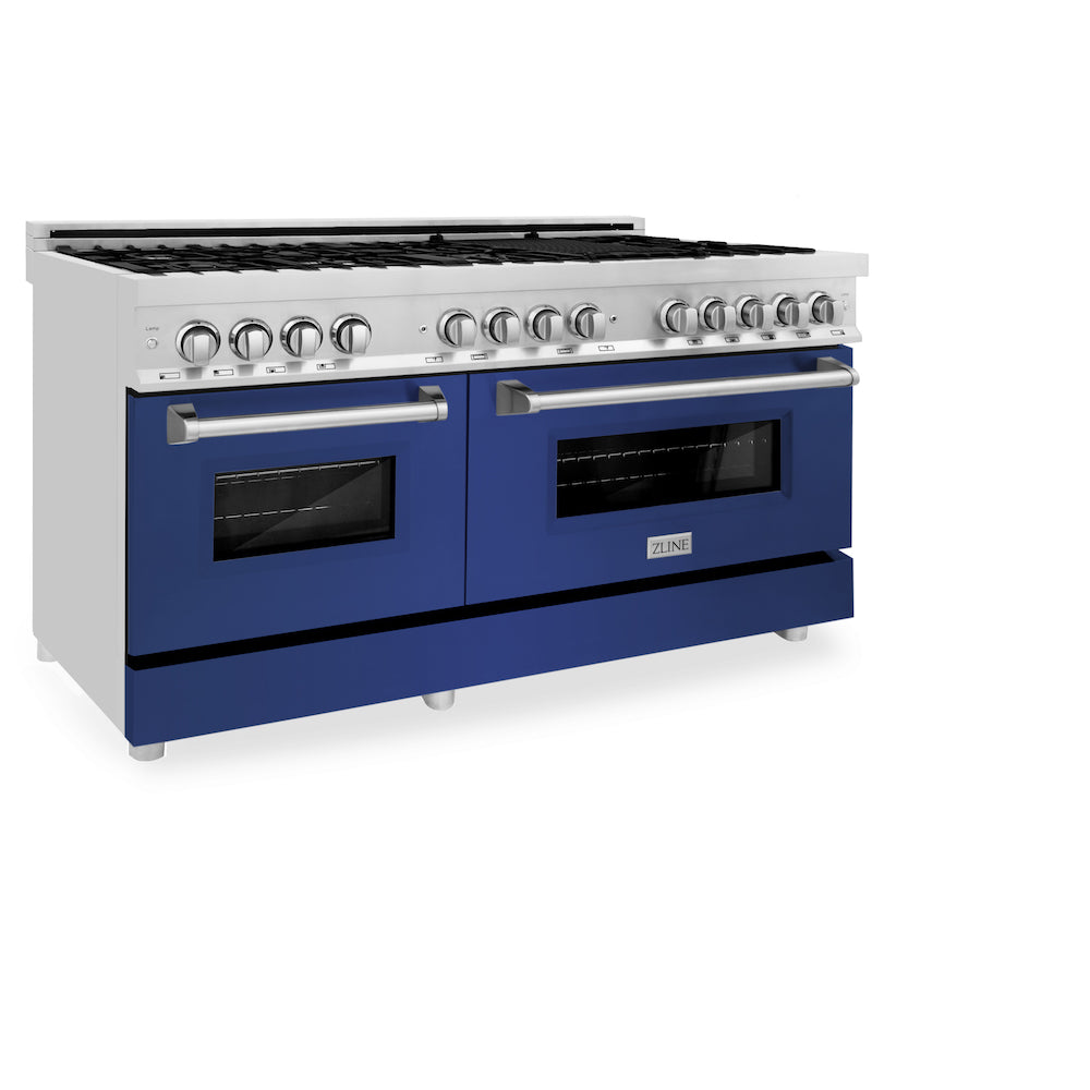 ZLINE 60 in. 7.4 cu. ft. Dual Fuel Range with Gas Stove and Electric Oven in Stainless Steel with Blue Matte Doors (RA-BM-60) side, oven closed.