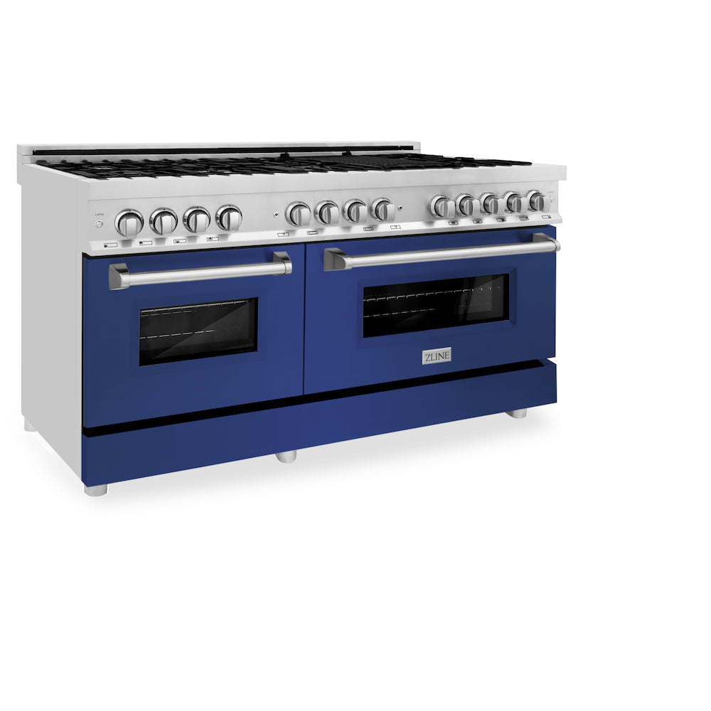ZLINE 60 in. 7.4 cu. ft. Legacy Dual Fuel Range with 9 Burner Gas Cooktop and 2 Electric Convection Ovens in Stainless Steel and Blue Matte Doors (RA-BM-60) side, oven closed.
