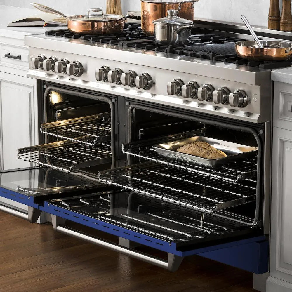 ZLINE 60 in. 7.4 cu. ft. Legacy Dual Fuel Range with 9 Burner Gas Cooktop and 2 Electric Convection Ovens in Stainless Steel and Blue Matte Doors (RA-BM-60) in a luxury kitchen.