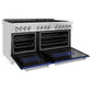 ZLINE 60 in. 7.4 cu. ft. Legacy Dual Fuel Range with 9 Burner Gas Cooktop and 2 Electric Convection Ovens in Stainless Steel and Blue Matte Doors (RA-BM-60) side, oven open.
