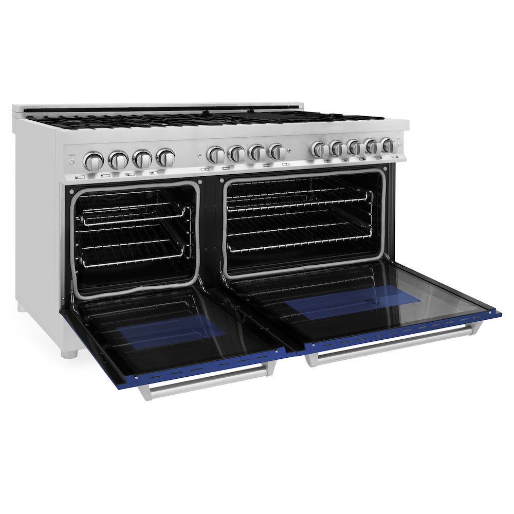 ZLINE 60 in. 7.4 cu. ft. Legacy Dual Fuel Range with 9 Burner Gas Cooktop and 2 Electric Convection Ovens in Stainless Steel and Blue Matte Doors (RA-BM-60) side, oven open.