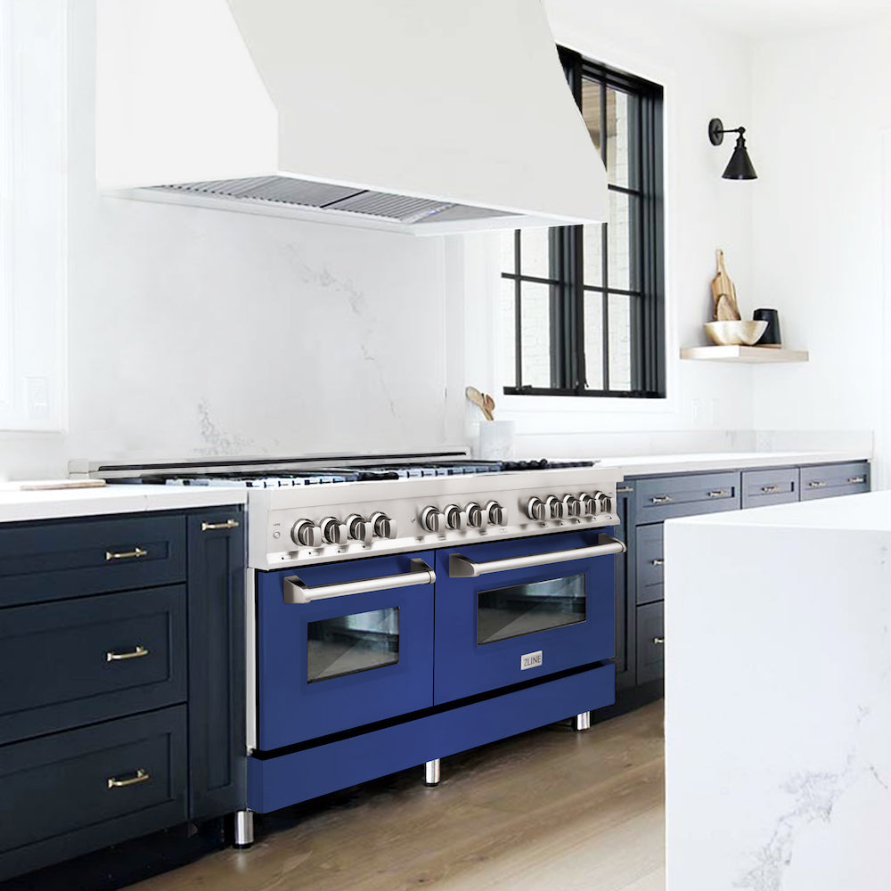 ZLINE 60 in. 7.4 cu. ft. Legacy Dual Fuel Range with 9 Burner Gas Cooktop and 2 Electric Convection Ovens in Stainless Steel and Blue Matte Doors (RA-BM-60) in a luxury kitchen.