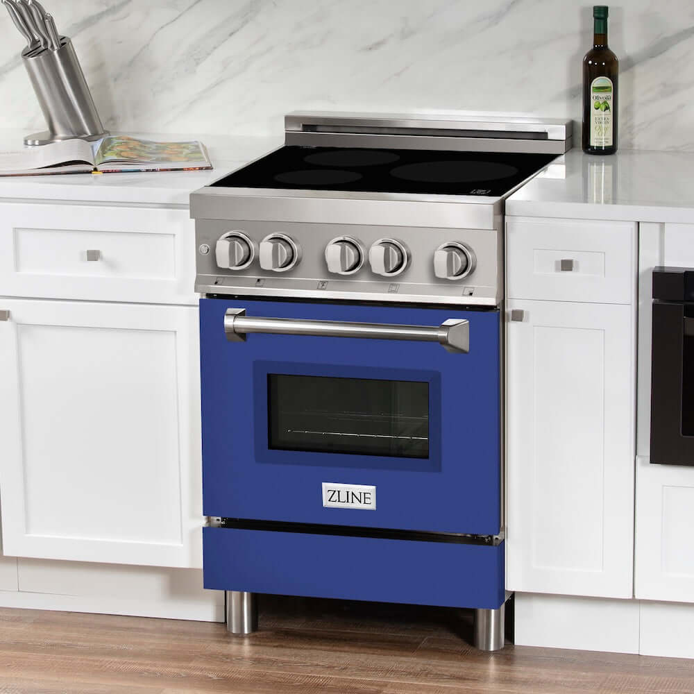 ZLINE 24 in. 2.8 cu. ft. Legacy Induction Range with 4 Element Cooktop and Electric Oven in Stainless Steel and Blue Matte Door, Open Box-Good Condition