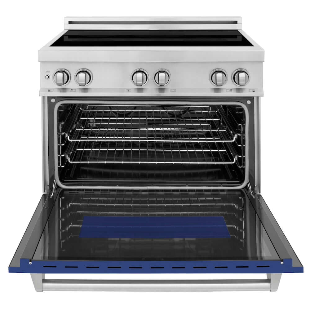ZLINE 36 in. 4.6 cu. ft. Legacy Induction Range with 5 Element Cooktop and Electric Oven in Stainless Steel and Blue Matte Door, Open Box-Good Condition