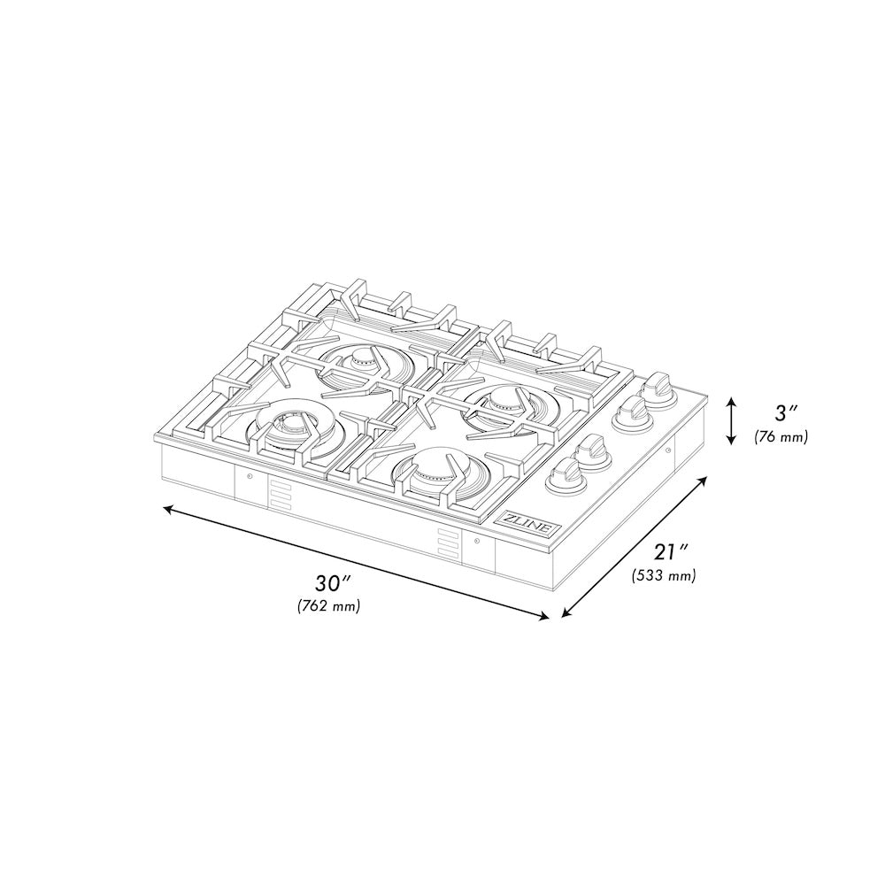 ZLINE 30 in. Gas Cooktop with 4 Gas Burners, Open Box-Good Condition dimensional diagram.
