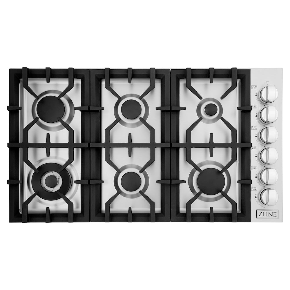 ZLINE 36 in. Gas Cooktop with 6 Gas Burners (RC36) from above, showing cooking surface.