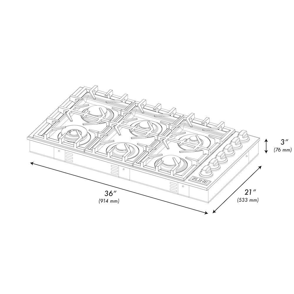 ZLINE 36 in. Gas Cooktop with 6 Gas Burners and Black Porcelain Top (RC36-PBT) dimensional diagram with measurements.