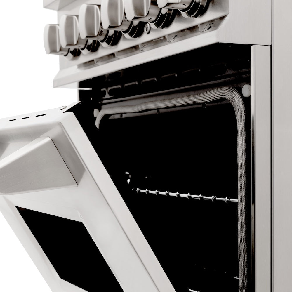 ZLINE 24 in. 2.8 cu. ft. Legacy Dual Fuel Range with Gas Cooktop and Electric Convection Oven in Stainless Steel with 4 Brass Burners (RA-BR-24) knobs and door open.
