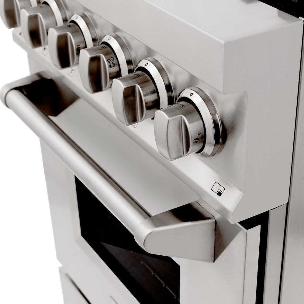 ZLINE 24 in. 2.8 cu. ft. Legacy Dual Fuel Range with Gas Cooktop and Electric Convection Oven in Stainless Steel with 4 Brass Burners (RA-BR-24) knobs.