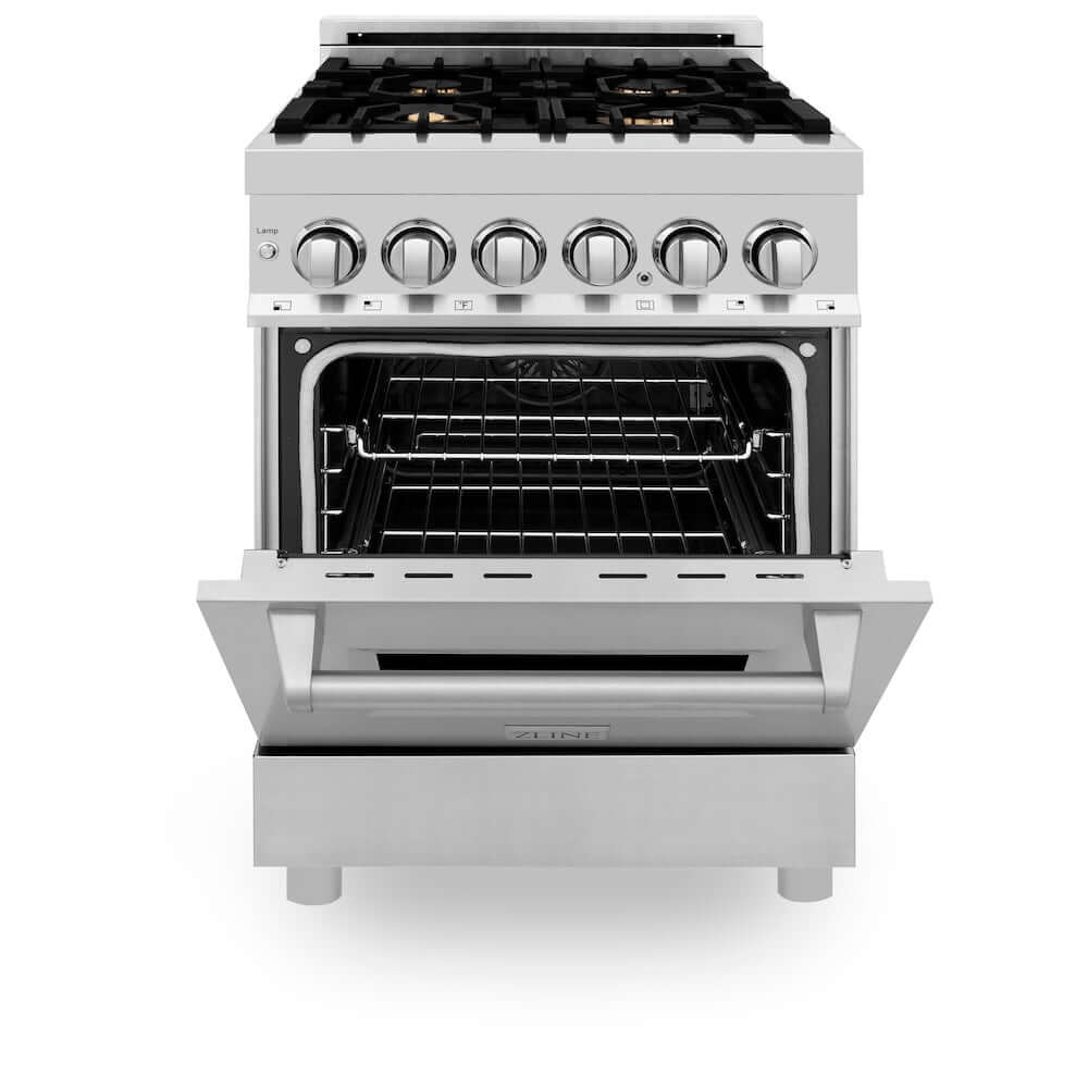 ZLINE 24 in. 2.8 cu. ft. Dual Fuel Range with Gas Stove and Electric Oven in Stainless Steel with Brass Burners (RA-BR-24) front, oven half open.