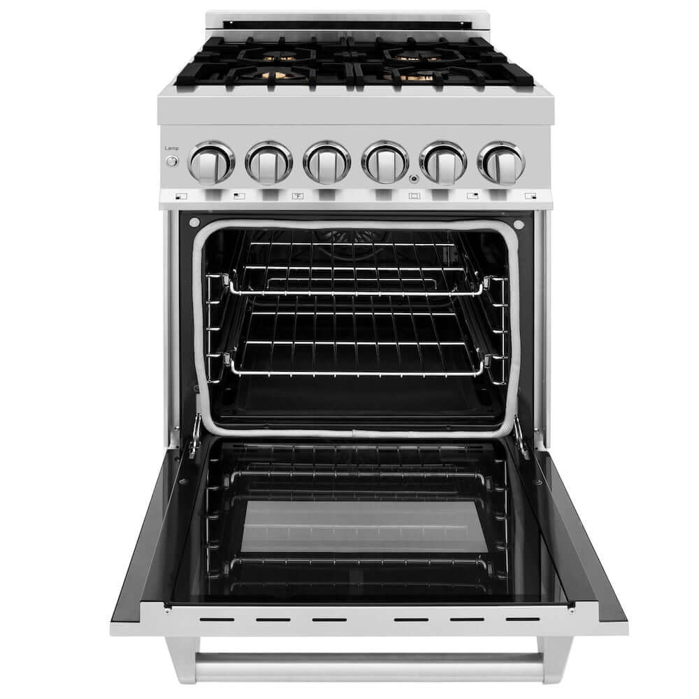 ZLINE 24 in. 2.8 cu. ft. Dual Fuel Range with Gas Stove and Electric Oven in Stainless Steel with Brass Burners (RA-BR-24) front, oven open.