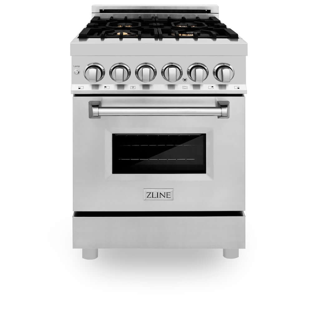 ZLINE 24 in. 2.8 cu. ft. Dual Fuel Range with Gas Stove and Electric Oven in Stainless Steel with Brass Burners (RA-BR-24) front, oven closed.