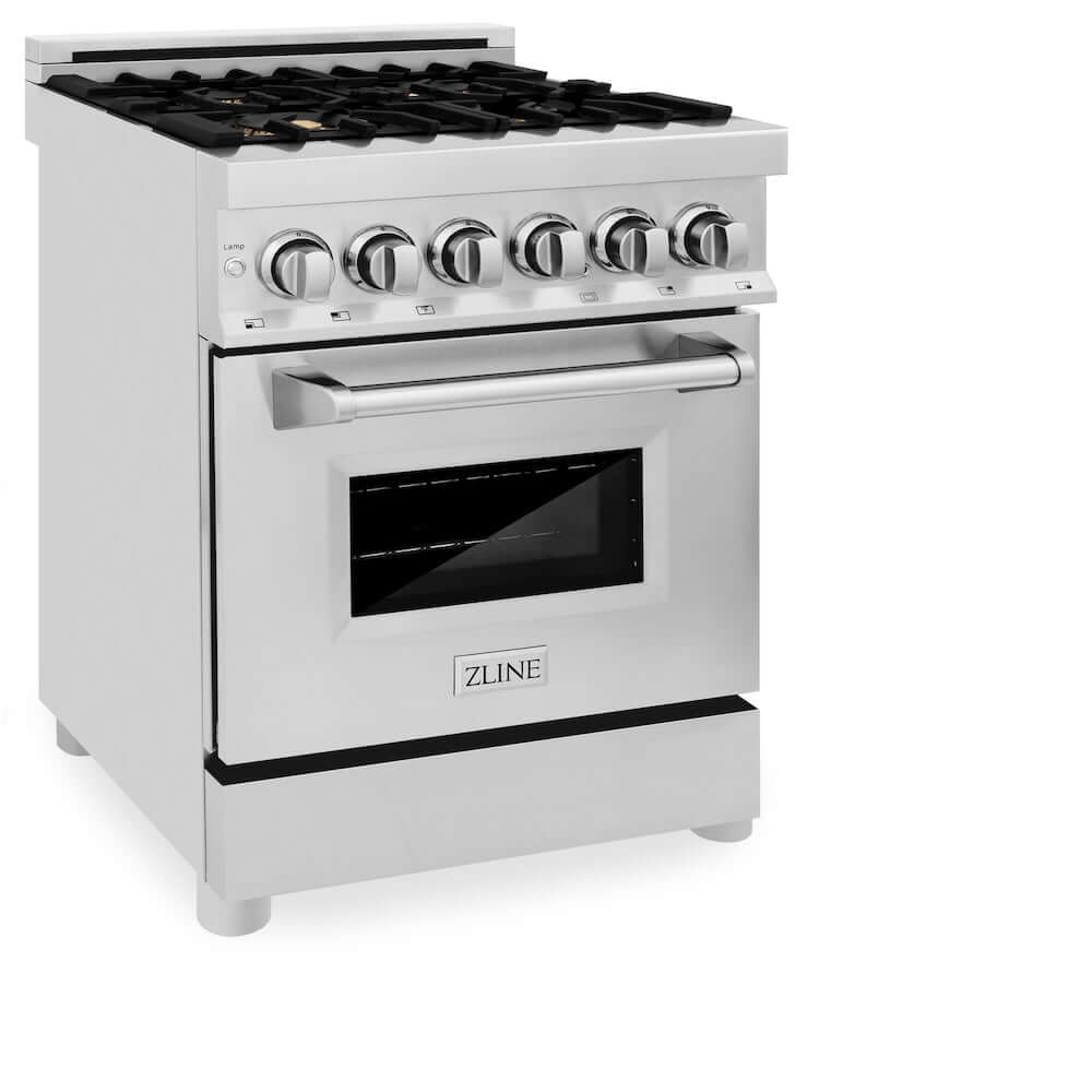 ZLINE 24 in. 2.8 cu. ft. Dual Fuel Range with Gas Stove and Electric Oven in Stainless Steel with Brass Burners (RA-BR-24) side, oven closed.