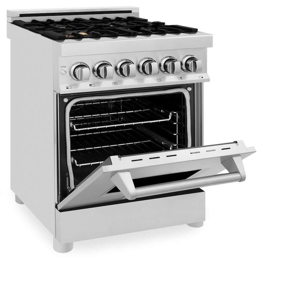 ZLINE 24 in. 2.8 cu. ft. Dual Fuel Range with Gas Stove and Electric Oven in Stainless Steel with Brass Burners (RA-BR-24) side, oven half open.