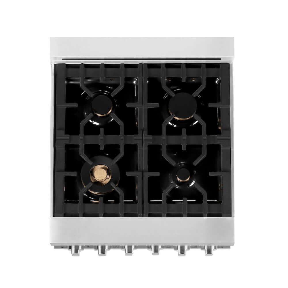 ZLINE 24 in. 2.8 cu. ft. Dual Fuel Range with Gas Stove and Electric Oven in Stainless Steel with Brass Burners (RA-BR-24) from above showing cooktop.